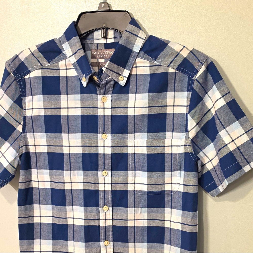 Falls Creek Stretch No Tuck Men's Plaid Button-Up Pockets S Blue/White #338
